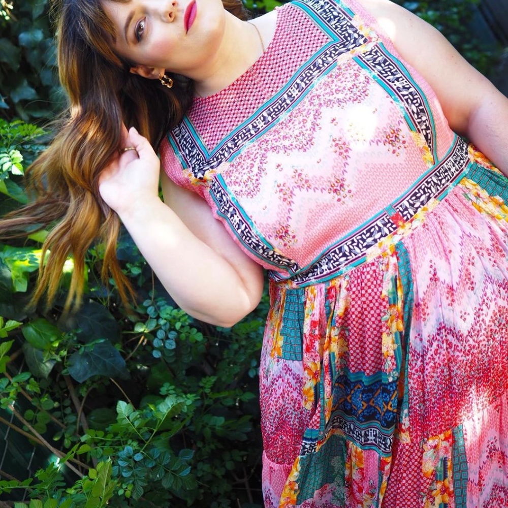 Anthropologie Pink Beaded Patterned Maxi Dress size 24